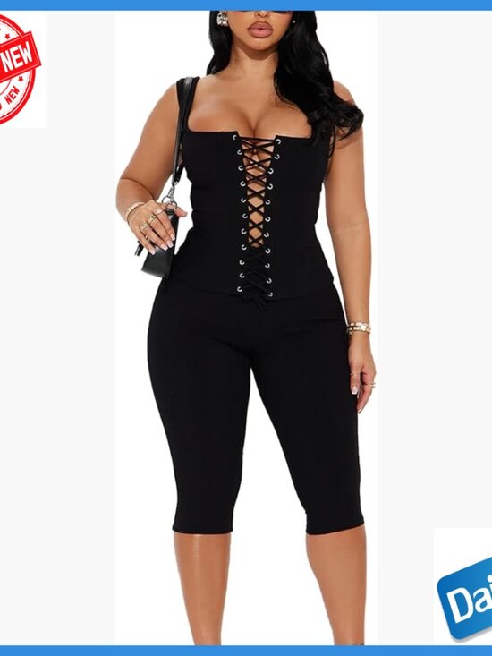 Pants - Sleeveless Tie-Down Crop Top with Capri Pants Set for Workout Club